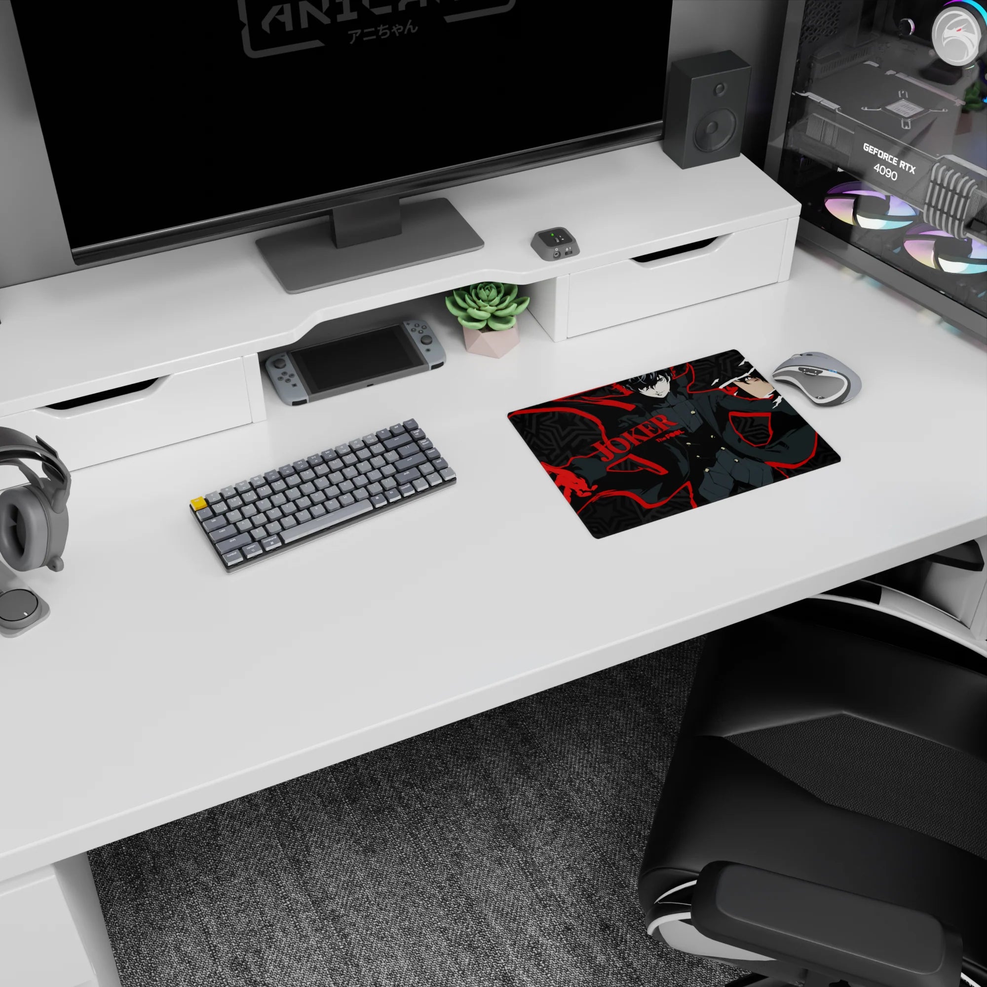 Anime mouse pad featuring Joker from Persona 5, 14x10 inches, designed with red streaks and geometric stars for stylish gamers.