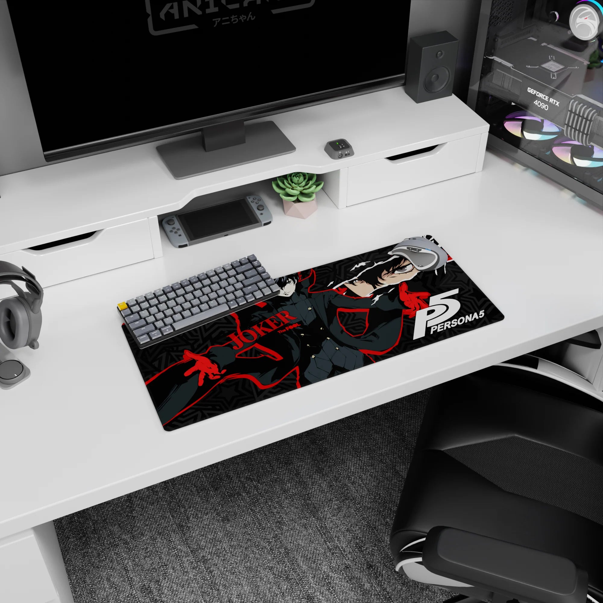 Joker from Persona 5 anime mouse pad, 28x12 inches, features bold red and black design with geometric stars for stylish fans.