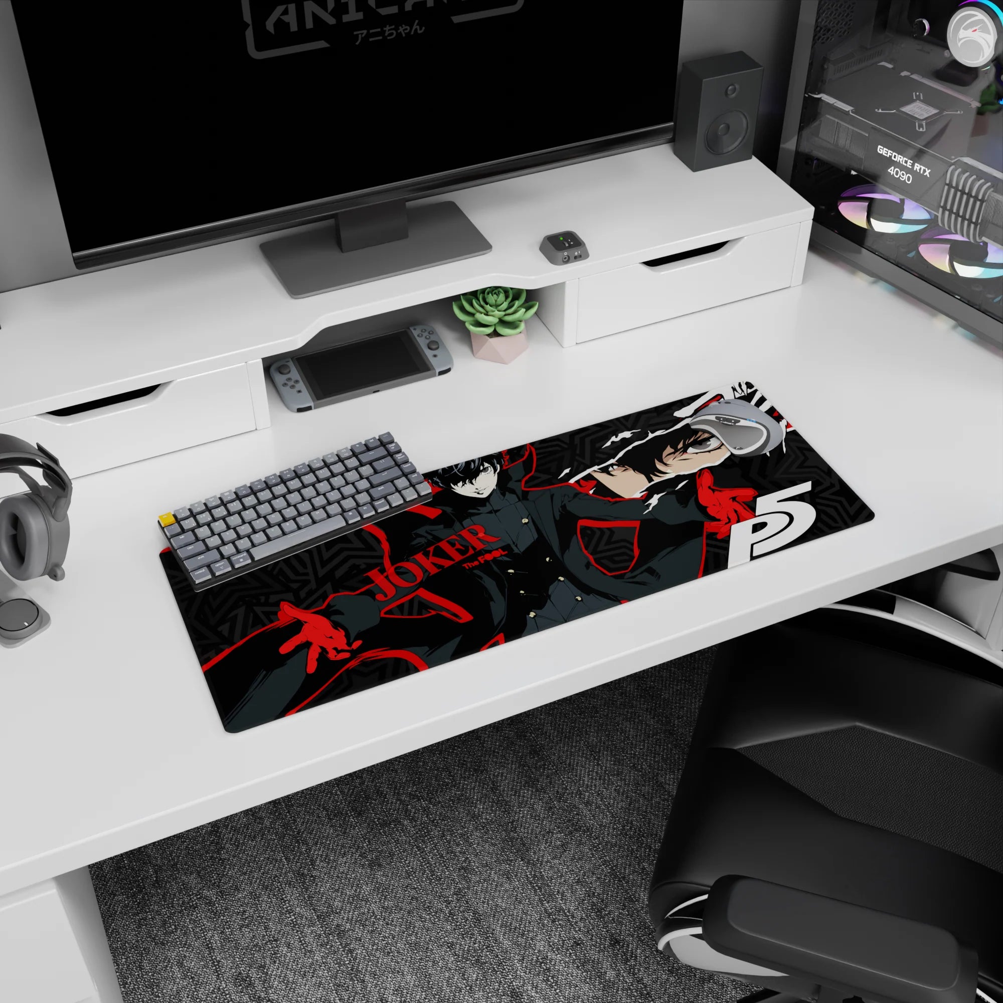 Anime mouse pad 32x12 inches featuring Joker, bold red and black design with geometric stars, perfect for rebels.
