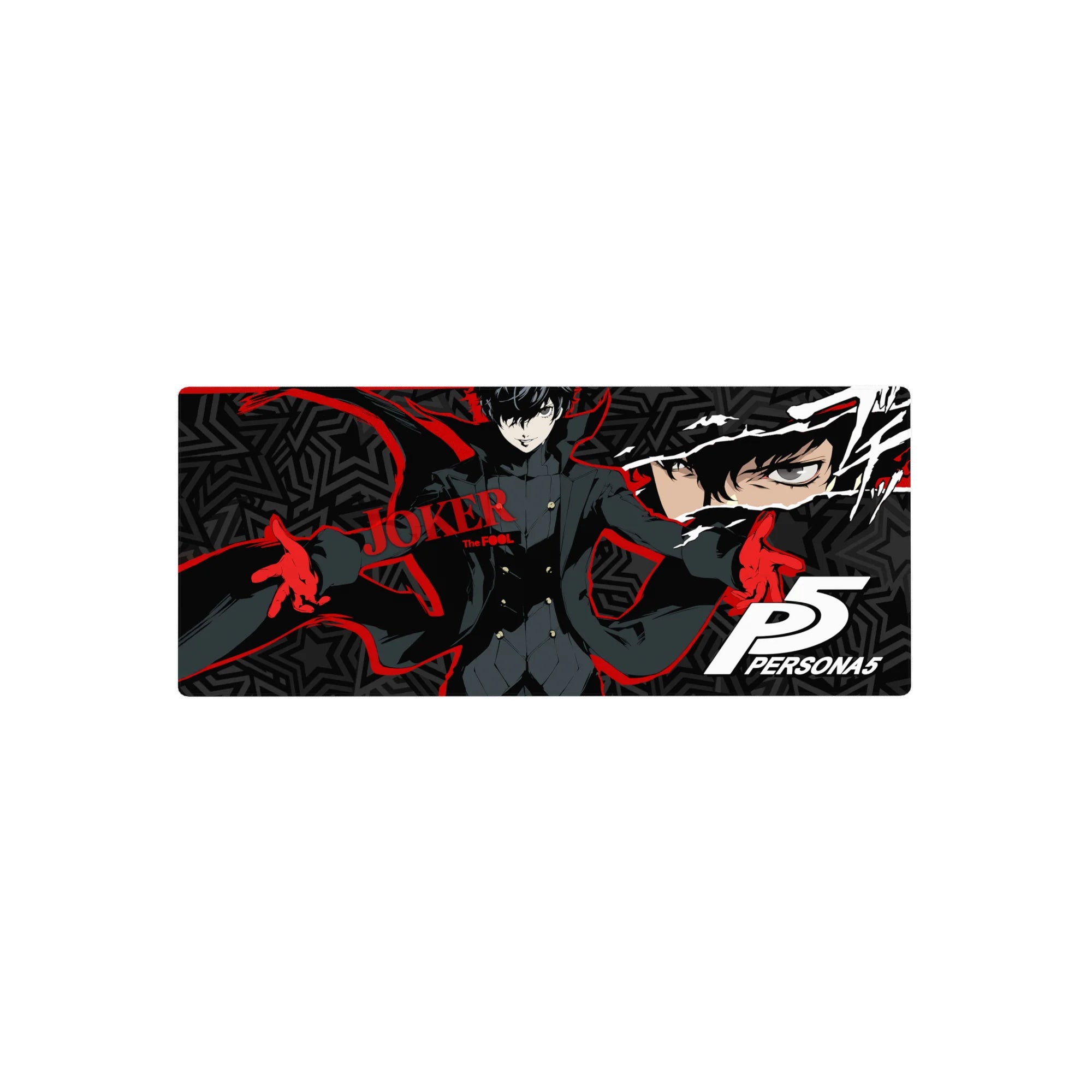 Joker-themed anime mouse pad, 28x12 inches, featuring bold red and black design with geometric stars for stylish rebels.