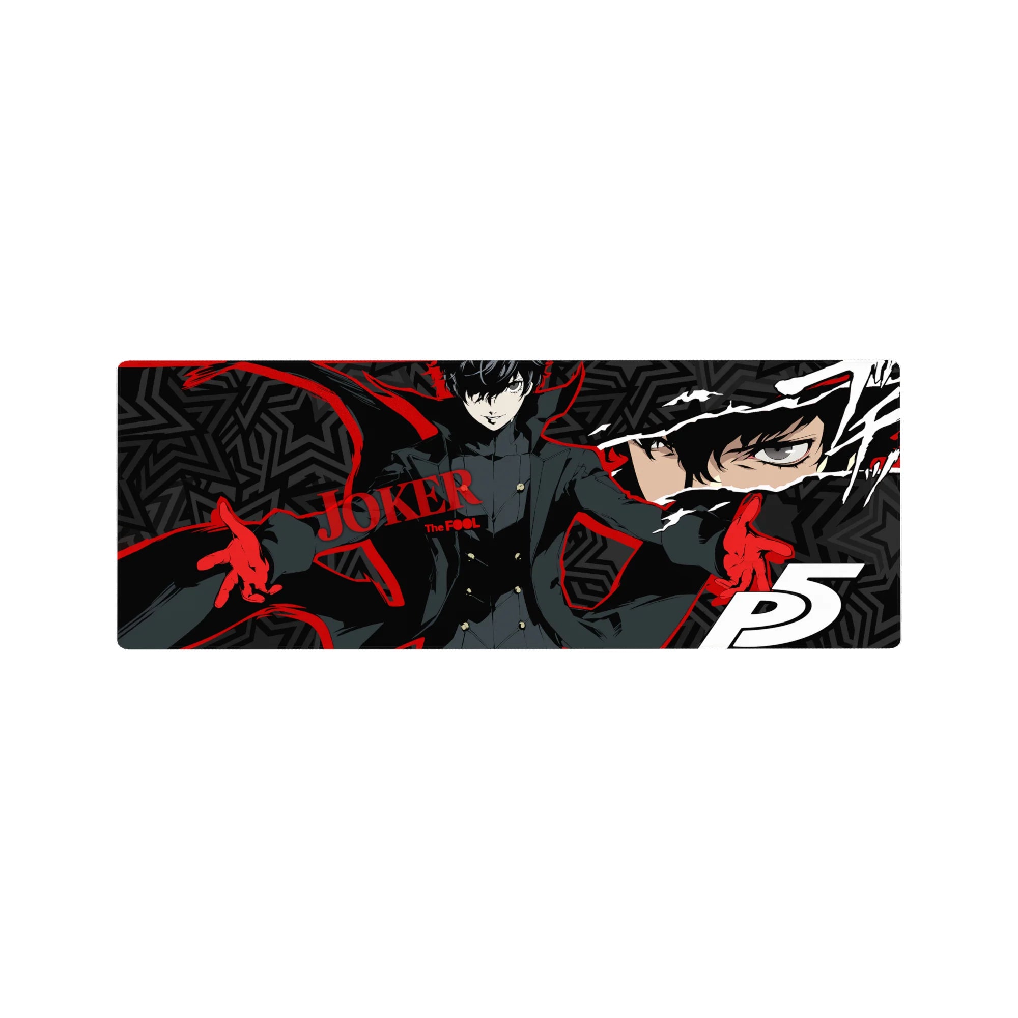 Anime mouse pad featuring Joker from Persona 5, size 32x12 inches, with bold geometric stars and red streaks.