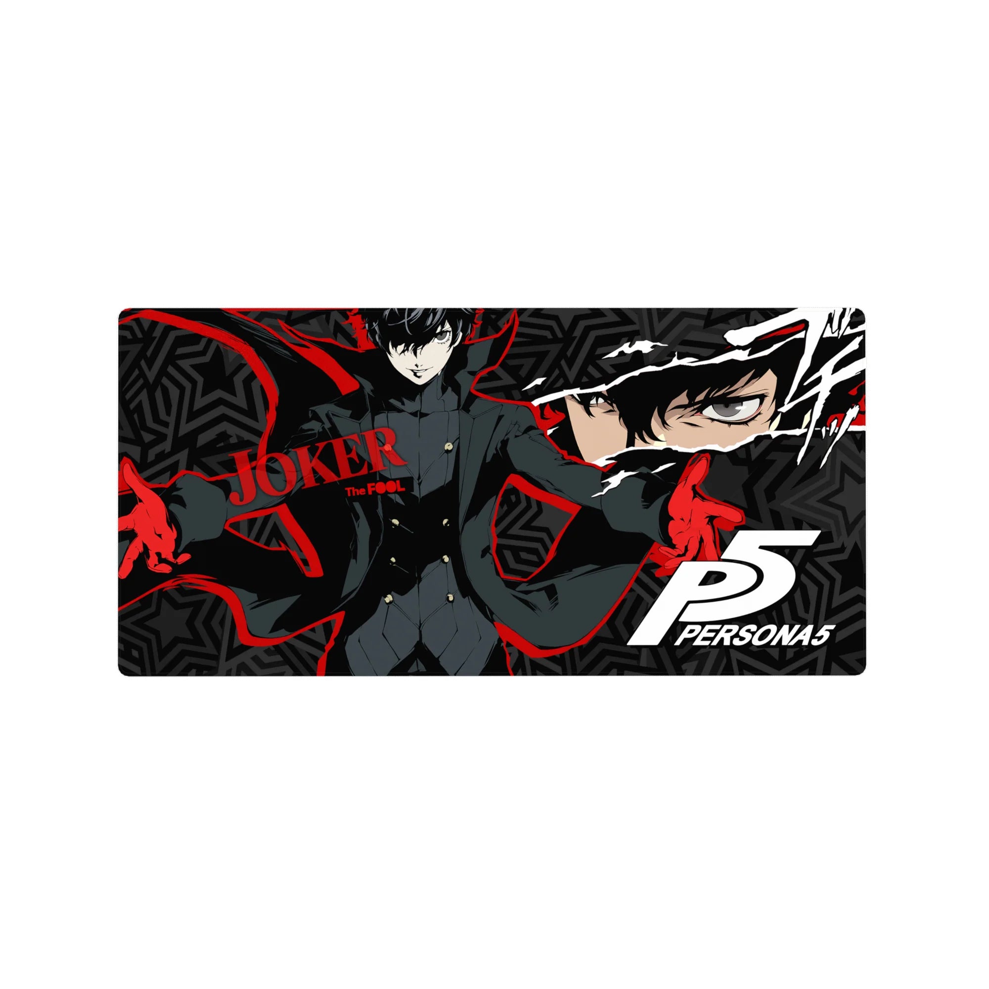Anime mouse pad featuring Joker from Persona, size 32x16 inches, with bold reds and blacks, perfect for stylish rebels.