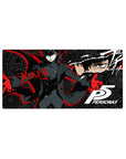Anime mouse pad featuring Joker from Persona, size 32x16 inches, with bold reds and blacks, perfect for stylish rebels.