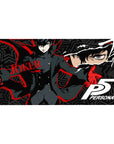 Anime desk pad 40x20 inches featuring Joker from Persona 5, deep blacks with red and geometric stars, perfect for rebels.