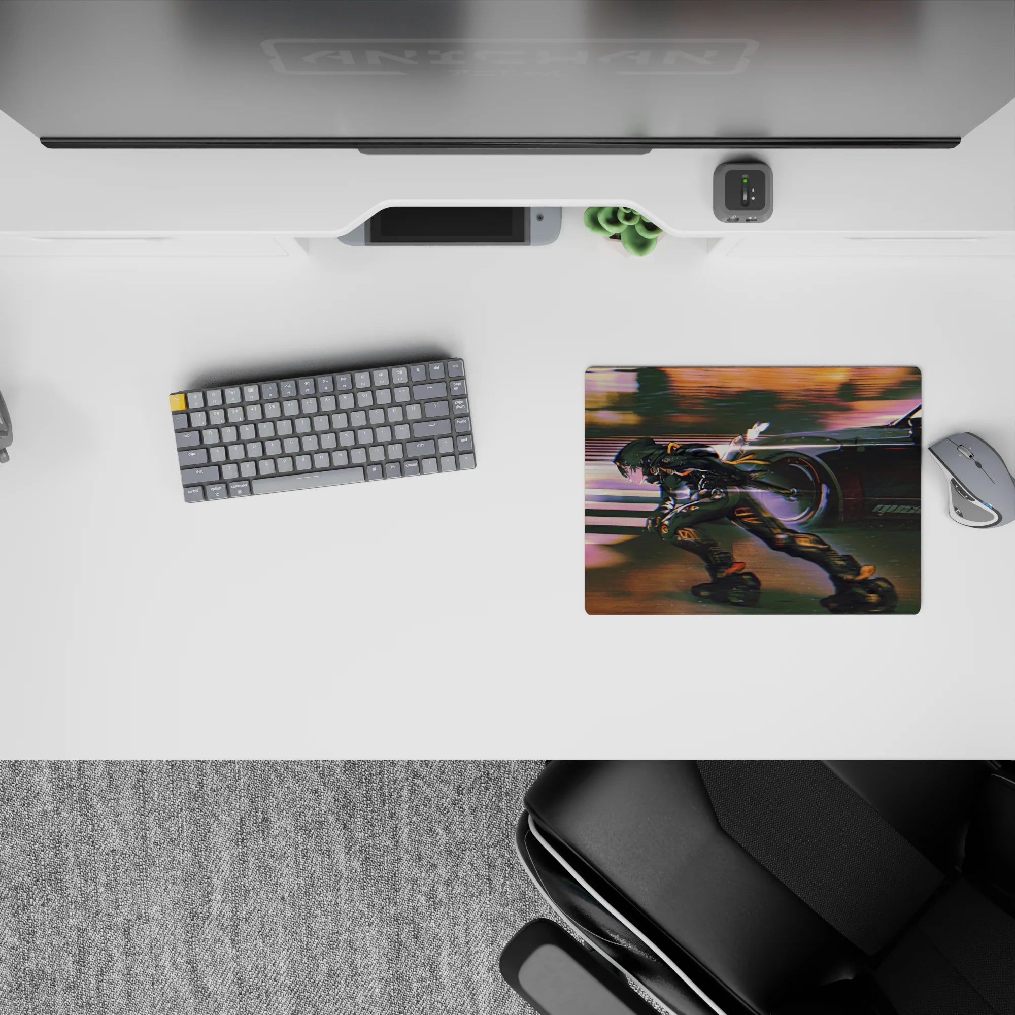Anime mouse pad 14x10 inches in warm orange glow and cool purple shadows, fast cinematic night vibe.
