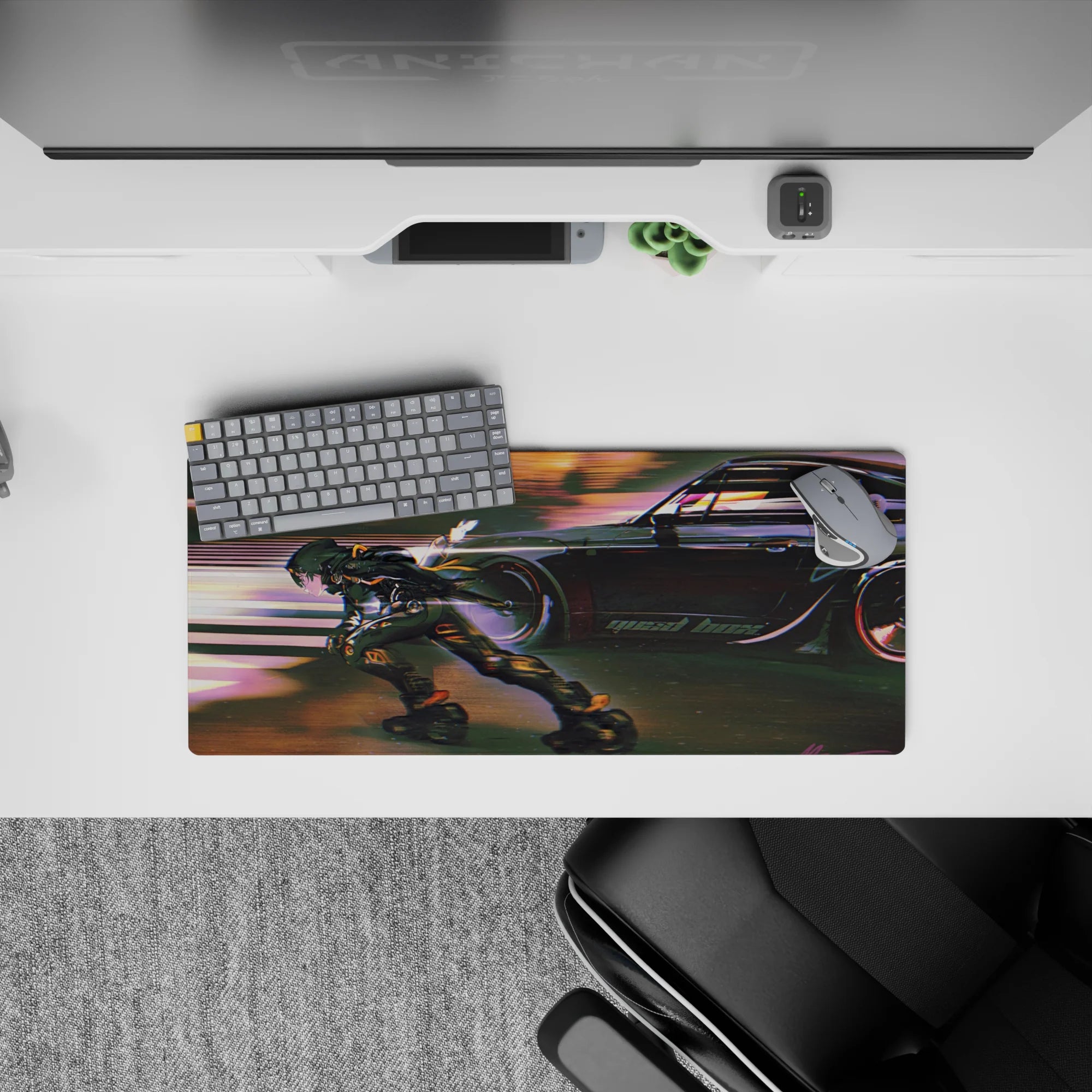 Neon dusk anime mouse pad 28x12 inches in warm orange glow and cool purple shadows with motion blur.