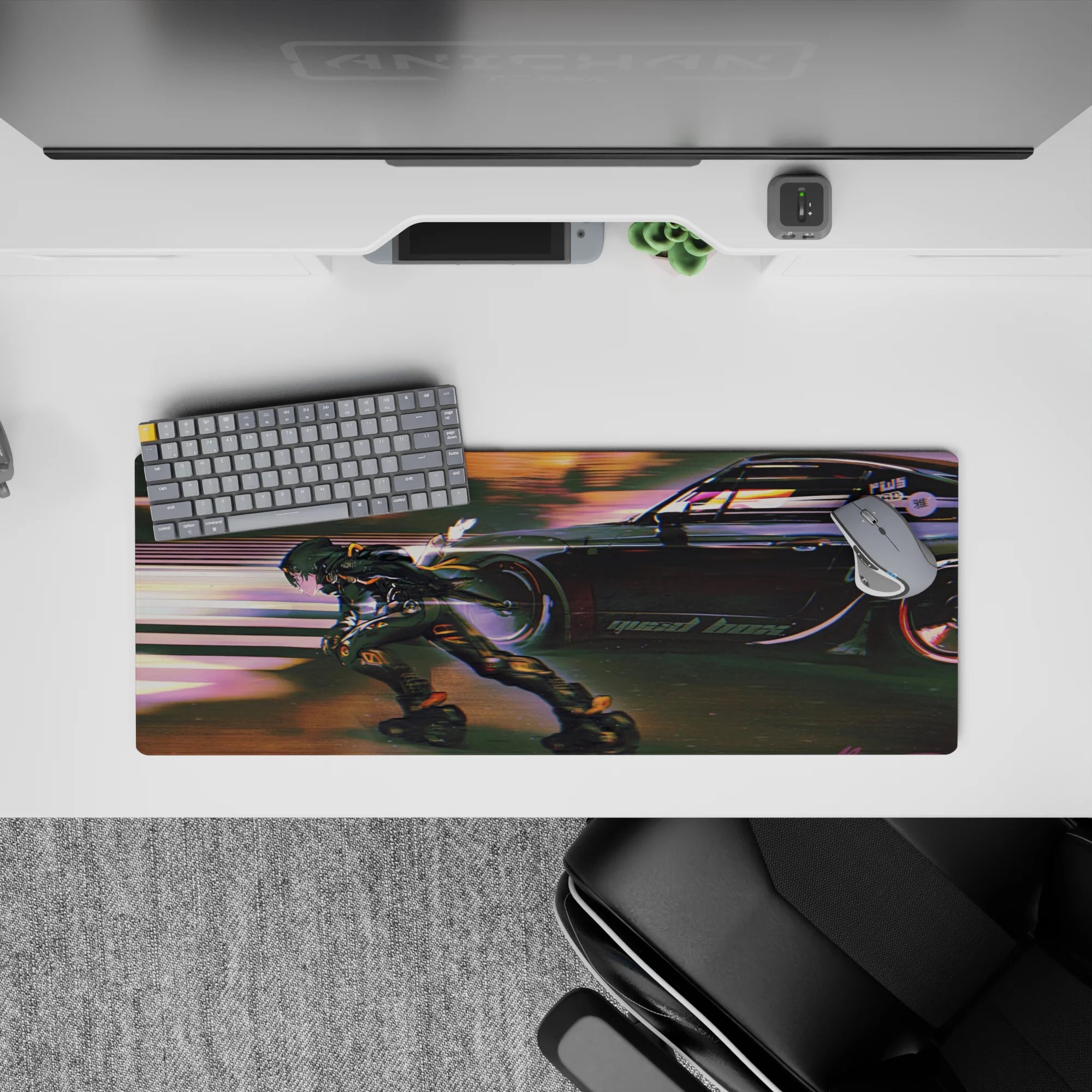 32x12 inches anime mouse pad in warm orange glow and cool purple shadows, cinematic neon dusk vibe.