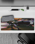 32x12 inches anime mouse pad in warm orange glow and cool purple shadows, cinematic neon dusk vibe.