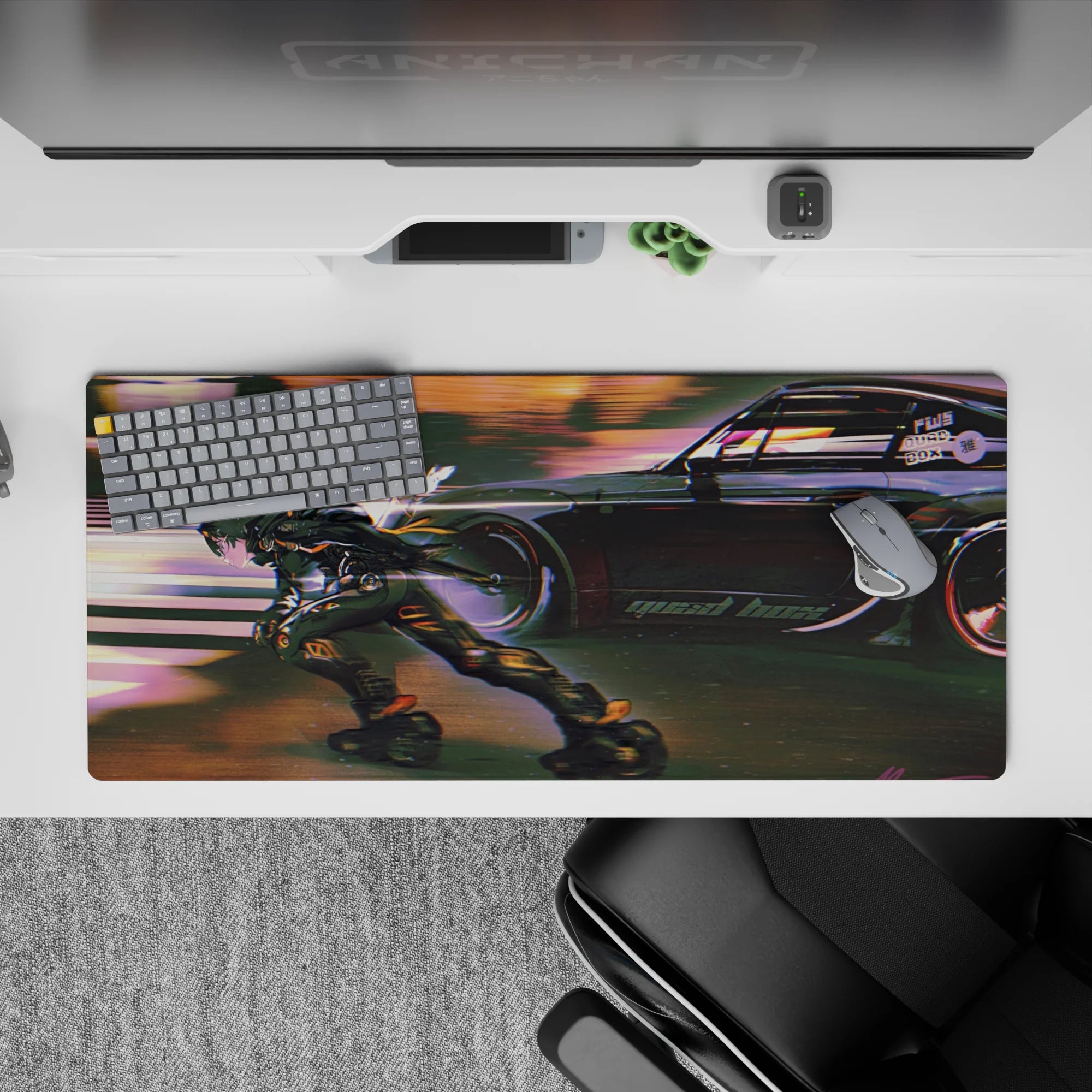 Neon orange and purple anime desk pad 36x16 inches with motion blur, fast cinematic night vibe.