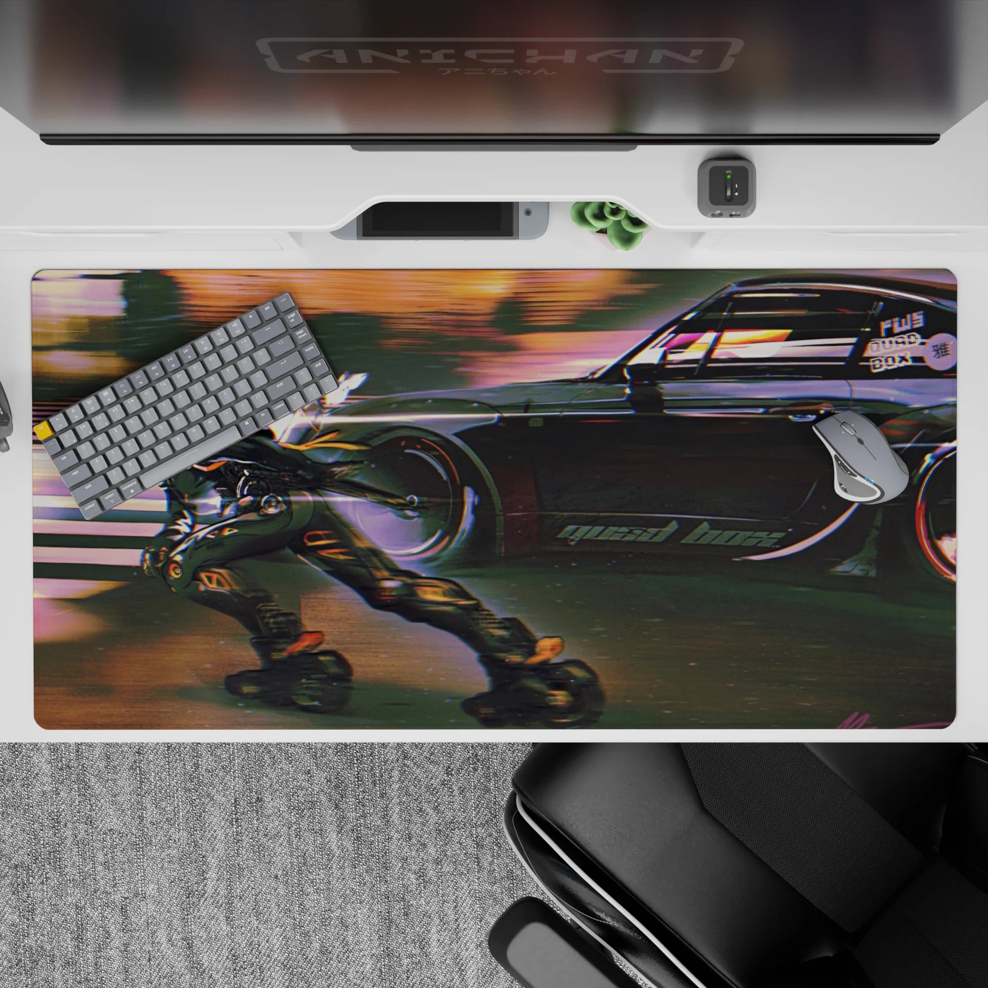 Neon dusk anime desk pad 40x20 inches in warm orange glow and cool purple shadows with motion blur speed.