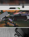 Neon dusk anime desk pad 40x20 inches in warm orange glow and cool purple shadows with motion blur speed.