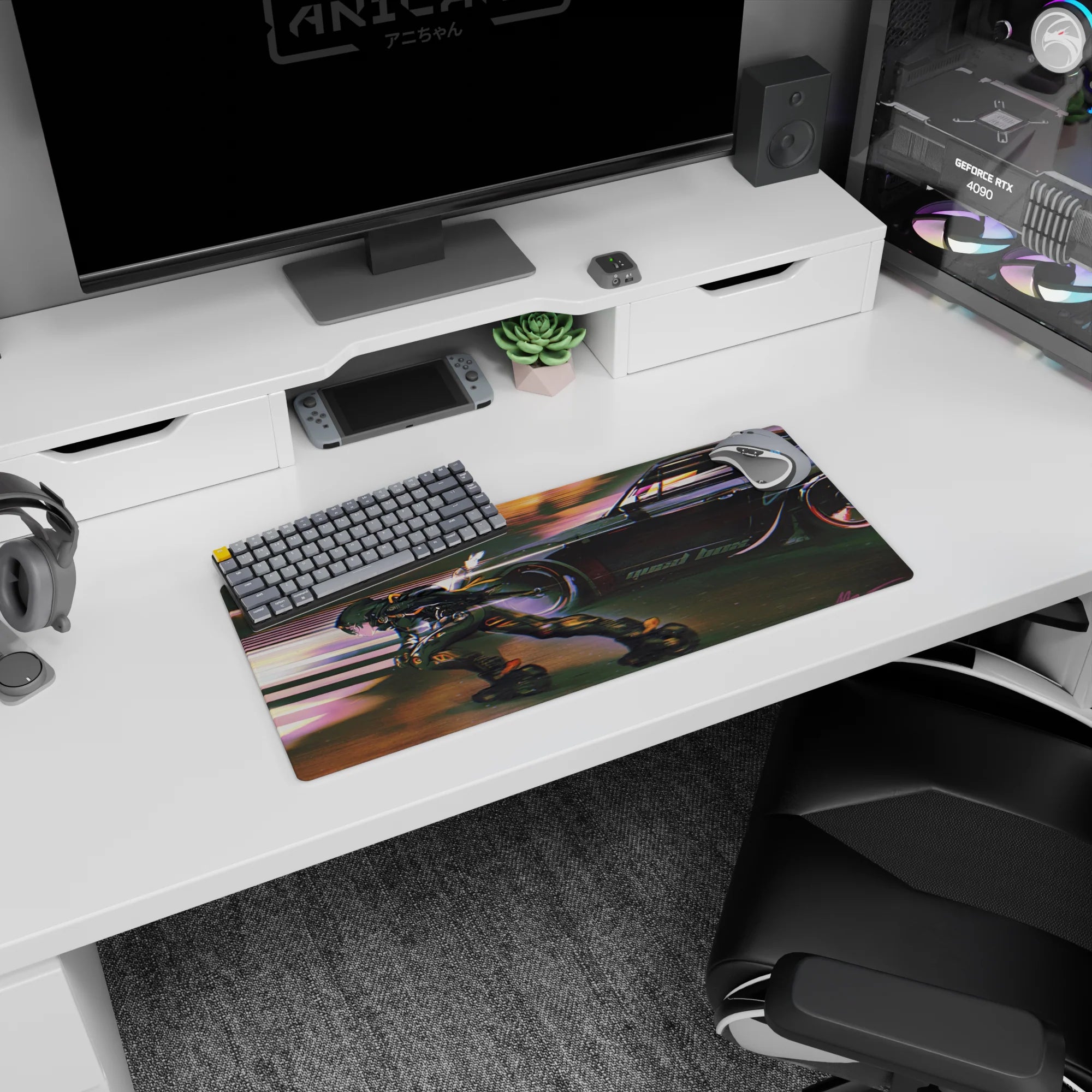 Armored skater slicing across asphalt beside a black racer, anime mouse pad 28x12 inches.