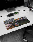 Armored skater slicing across asphalt beside a black racer, anime mouse pad 28x12 inches.