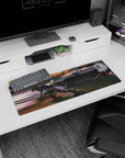 32x12 inches anime mouse pad showing visor skater in armored suit slicing past a black street racer.