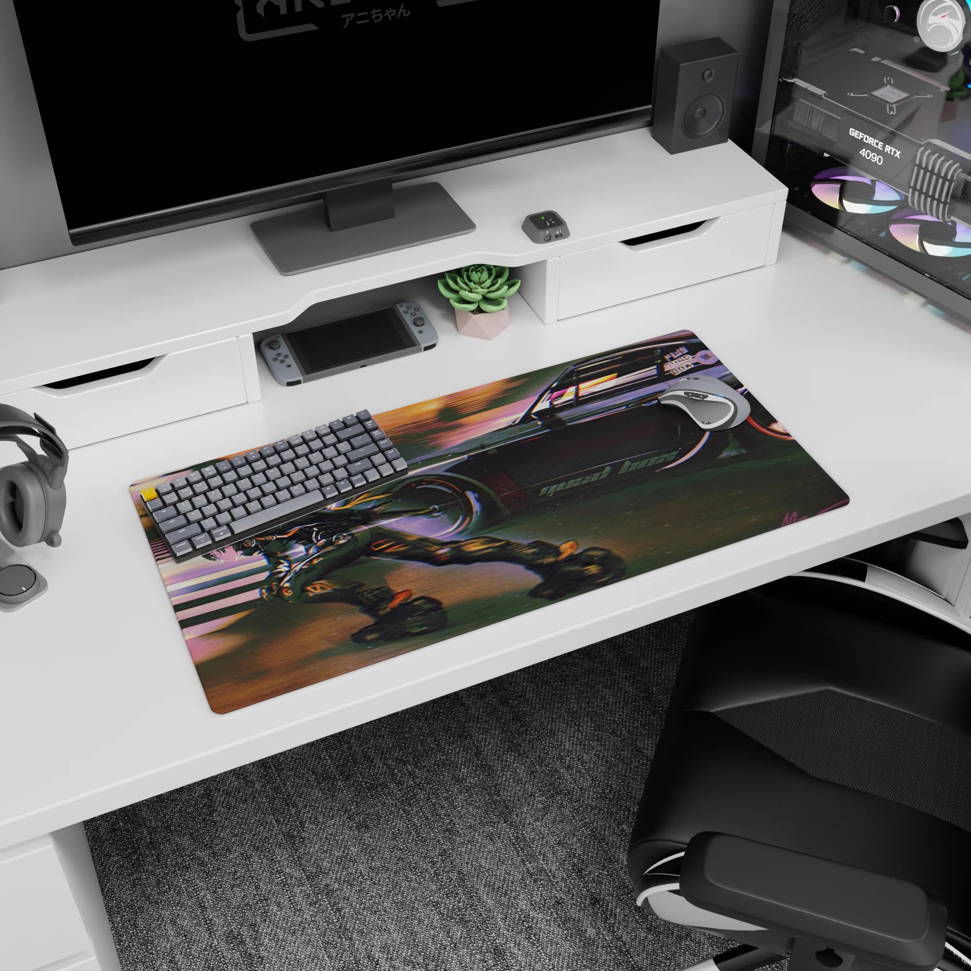 32x16 inches anime mouse pad showing a visor skater in armored suit speeding past a black street racer.