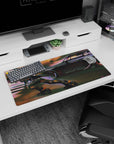 32x16 inches anime mouse pad showing a visor skater in armored suit speeding past a black street racer.