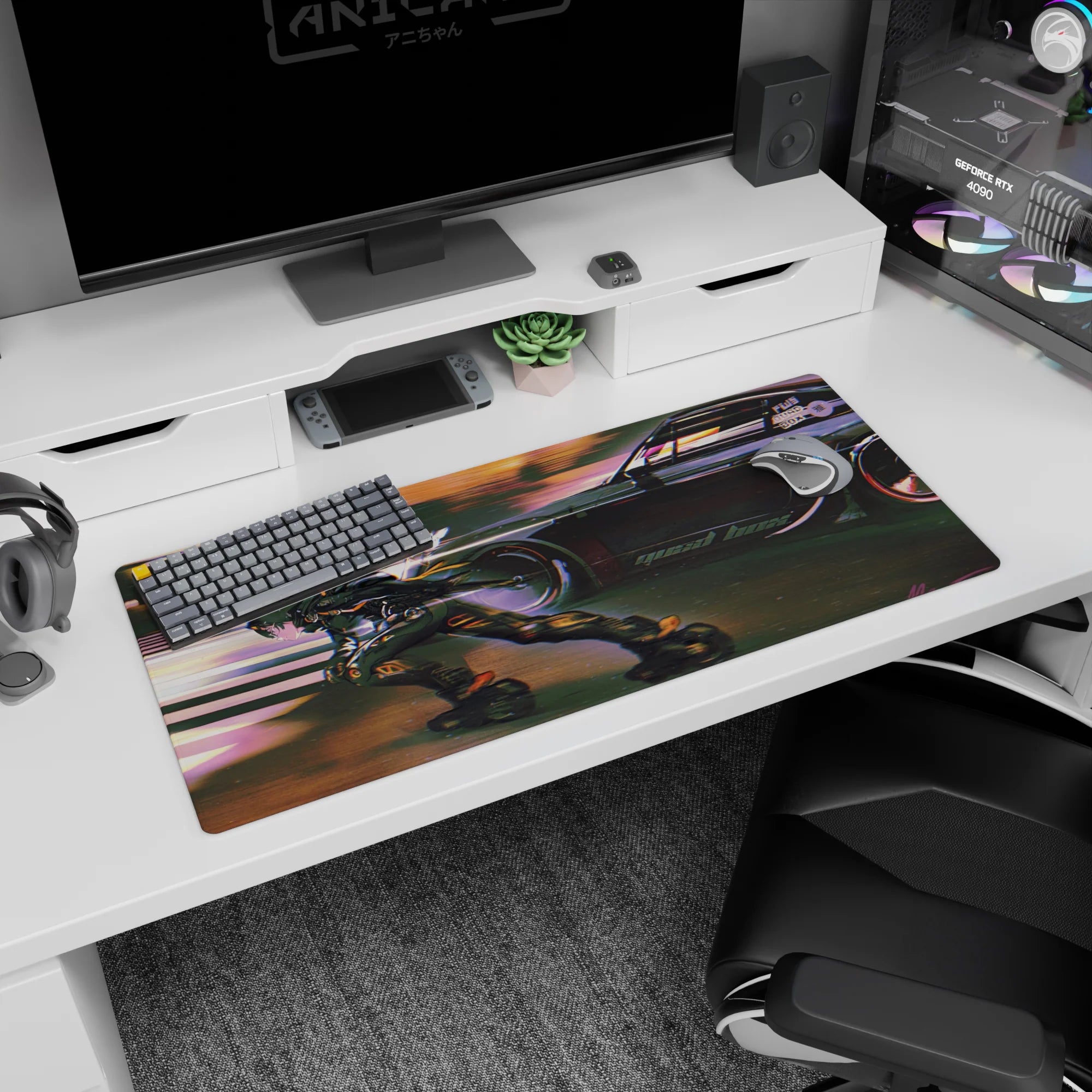 Armored skater cutting across asphalt beside a black racer on an anime desk pad 36x16 inches.