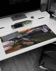 Armored skater cutting across asphalt beside a black racer on an anime desk pad 36x16 inches.