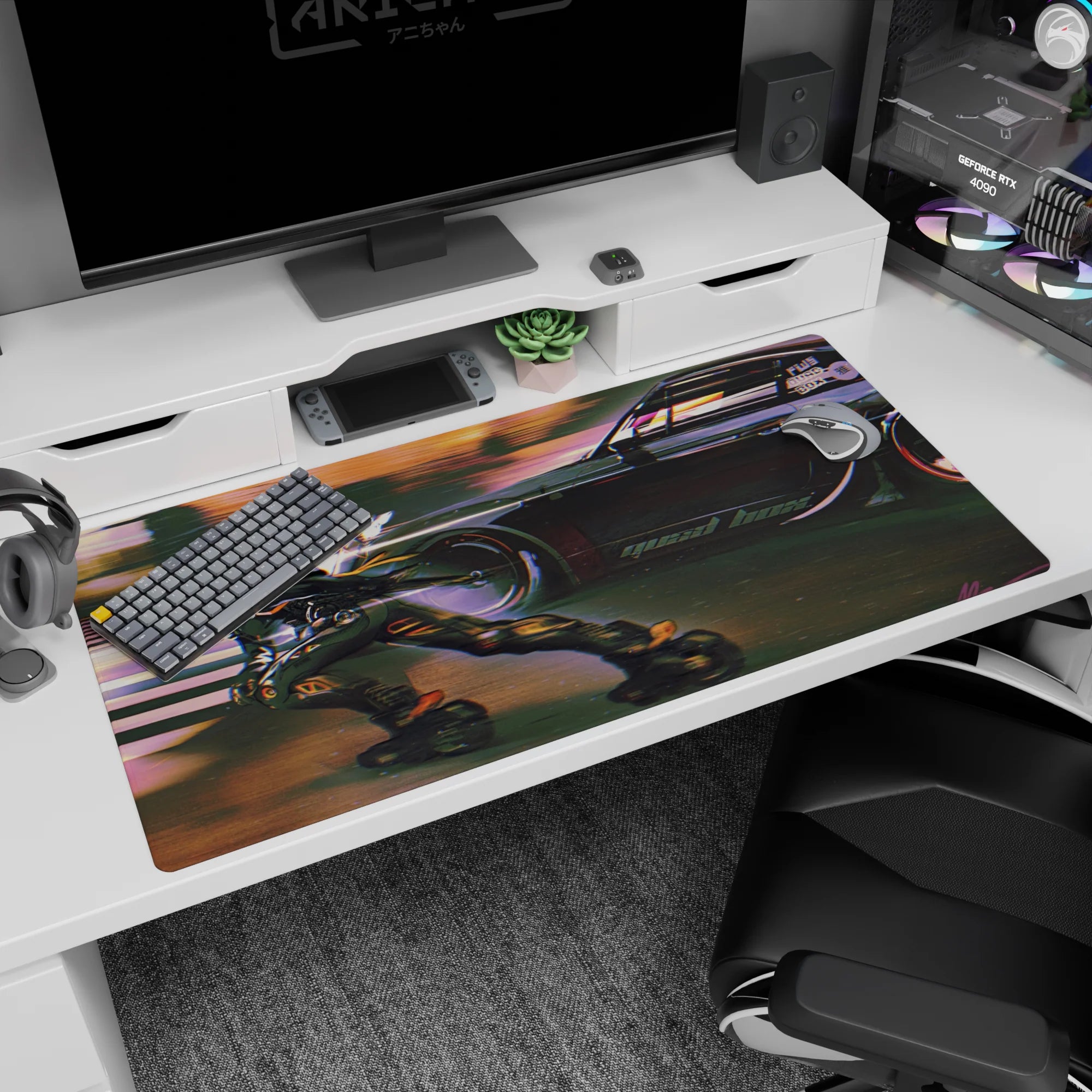 Armored skater cutting across asphalt beside a black street racer on anime desk pad 40x20 inches.