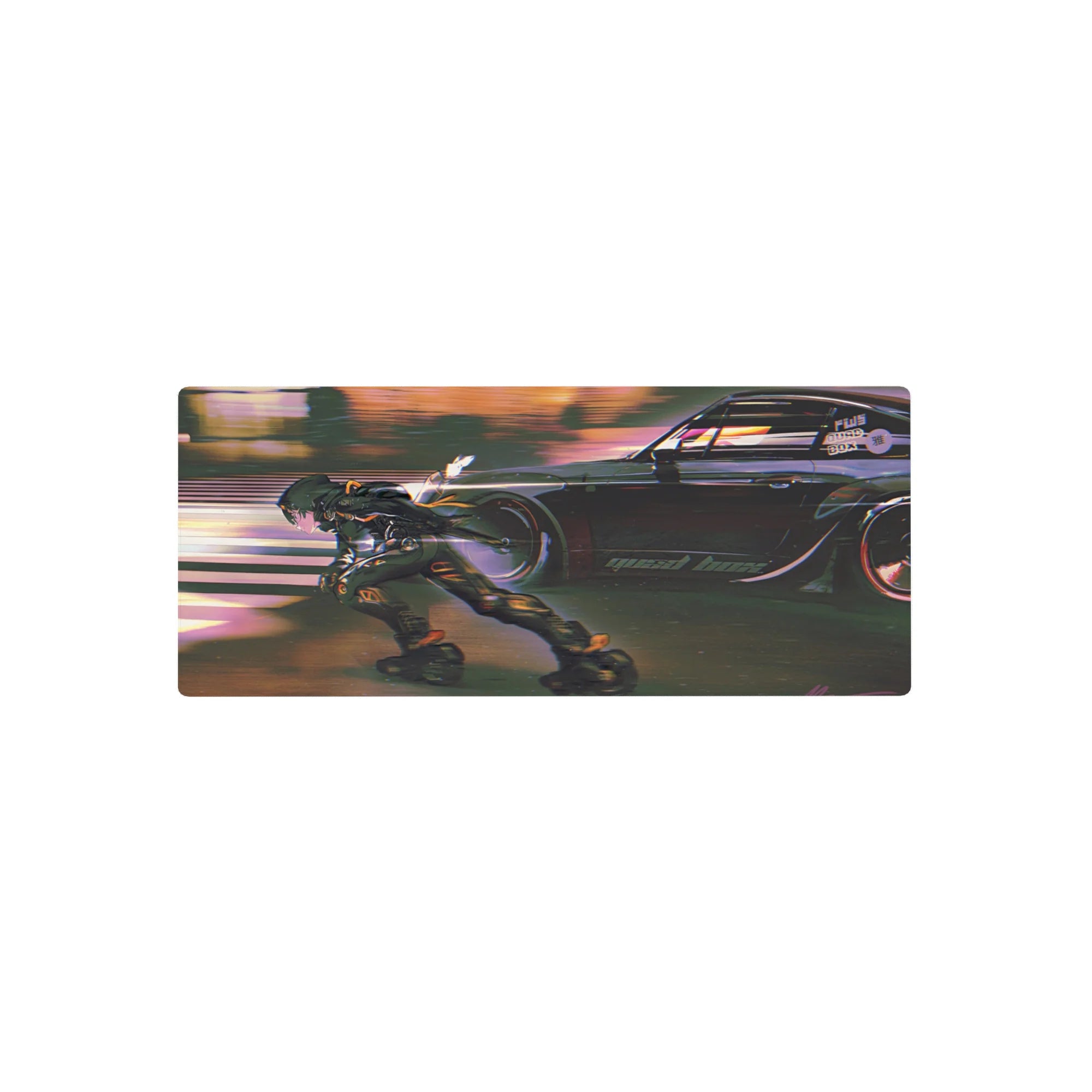 Cyber street anime mouse pad 28x12 inches with skater and black street racer in neon dusk scene.