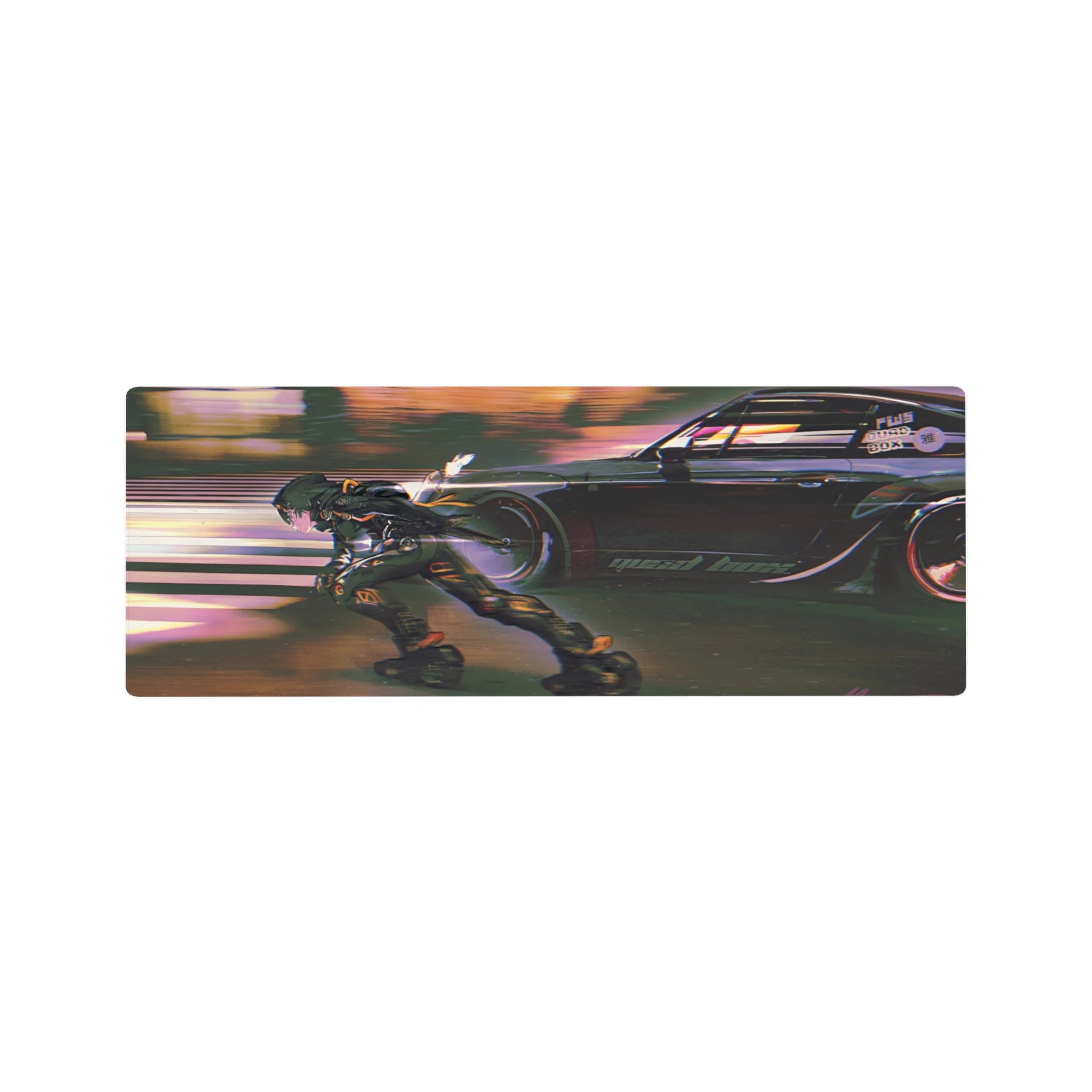 32x12 inches anime mouse pad with neon street racer and armored skater, cyberpunk night scene.