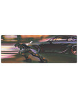 32x12 inches anime mouse pad with neon street racer and armored skater, cyberpunk night scene.