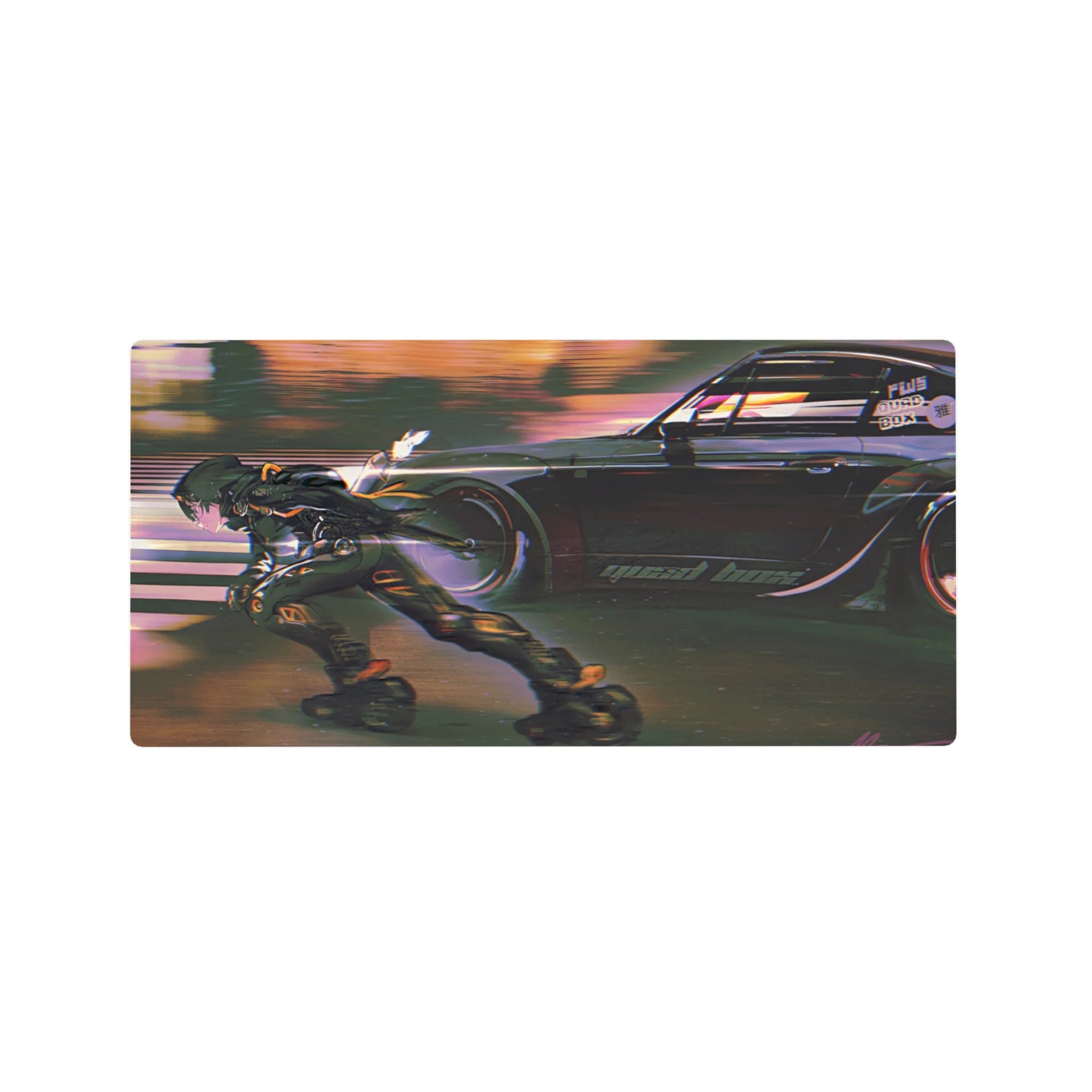 32x16 inches anime mouse pad with cyber street racer and armored skater on neon asphalt.