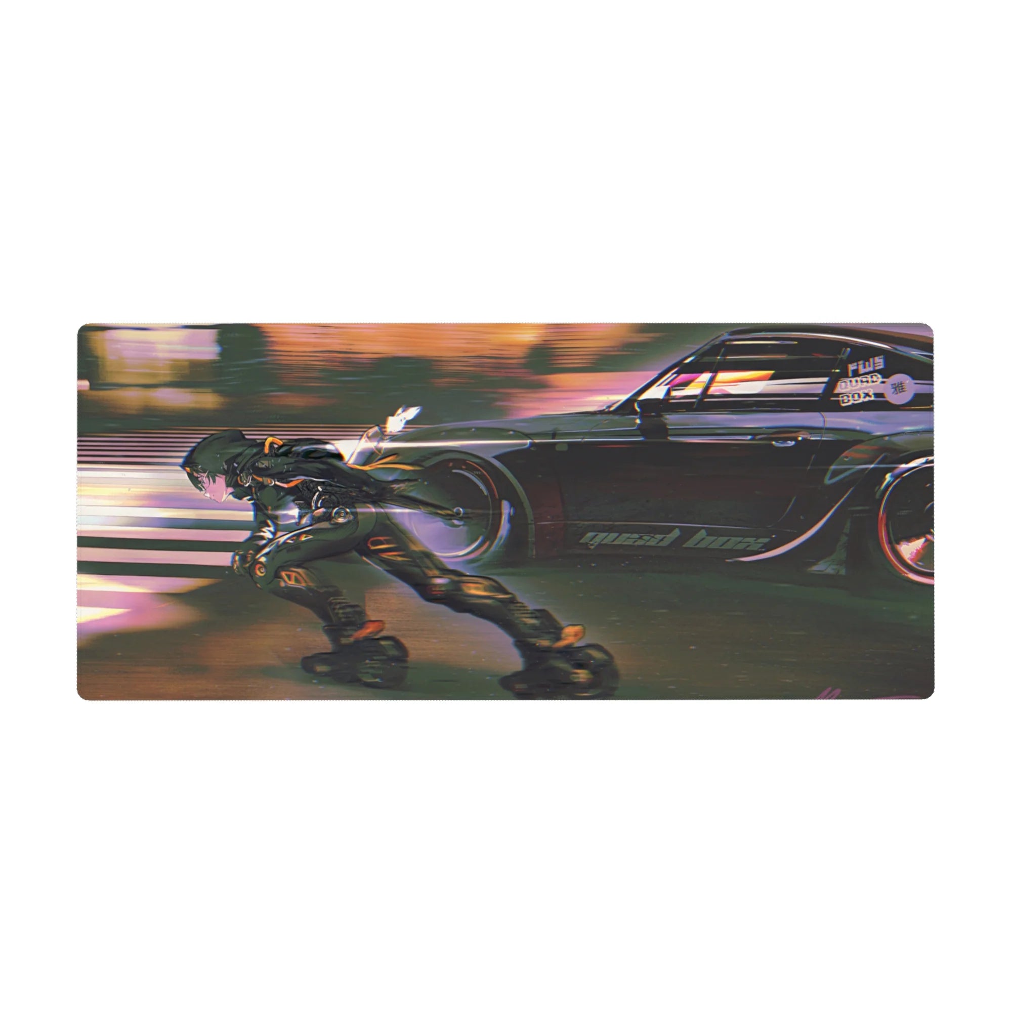 Cyber street anime desk pad 36x16 inches with skater and black street racer in neon dusk.