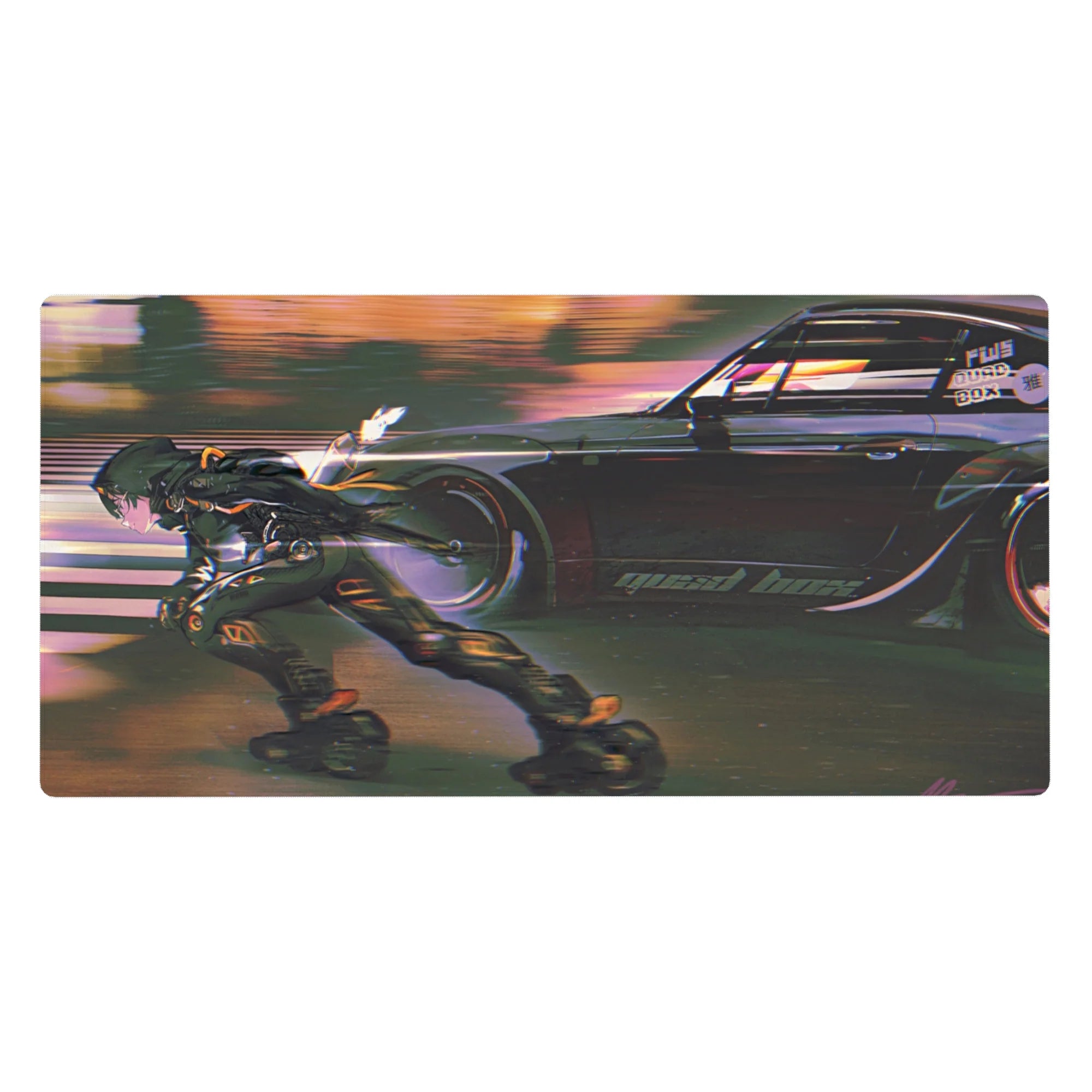 Cyber street anime desk pad 40x20 inches with skater in armored suit and black racer under neon dusk.
