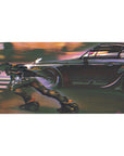 Cyber street anime desk pad 40x20 inches with skater in armored suit and black racer under neon dusk.