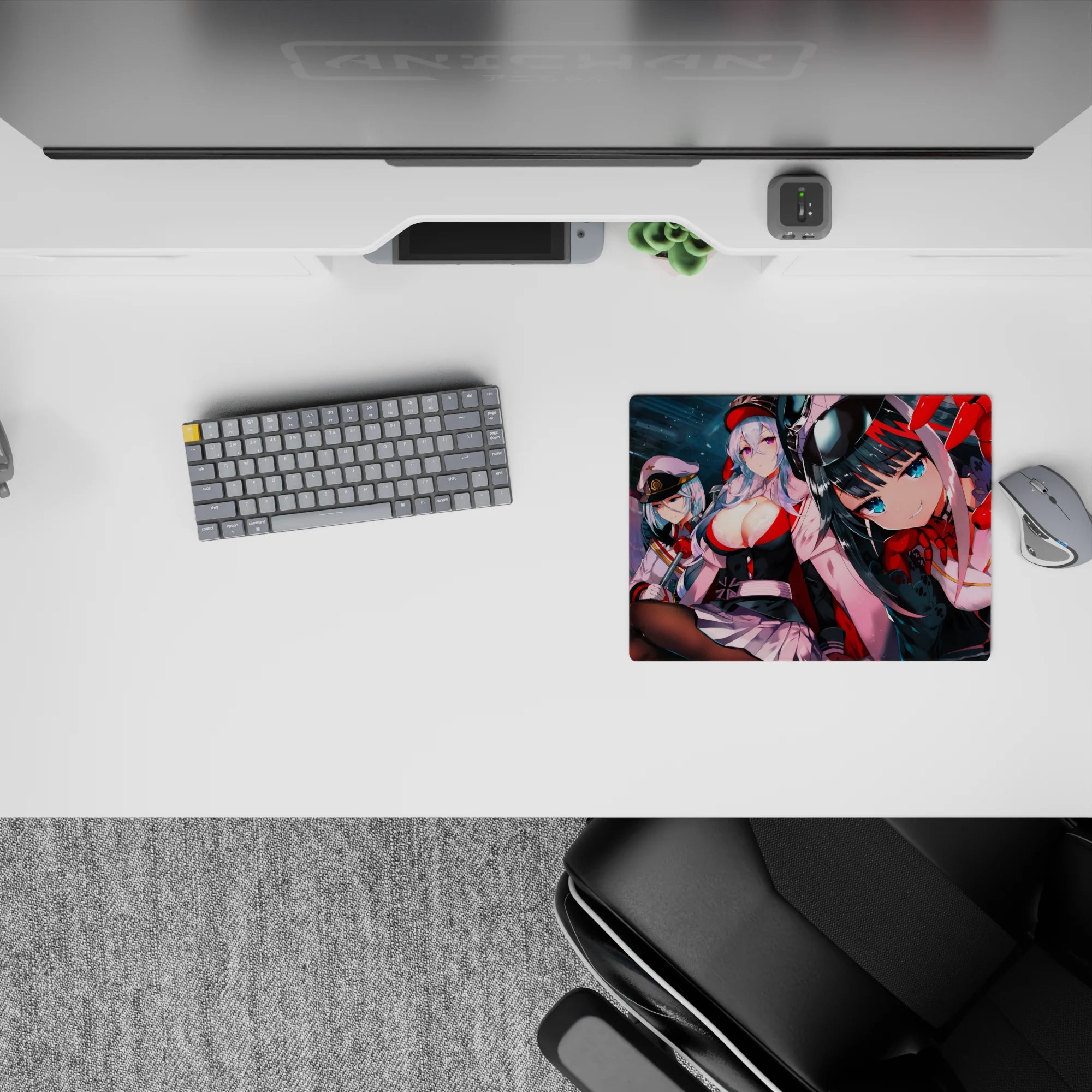 Neon teal hangar vibe on a 14x10 inches anime girl mouse pad, glossy reds, crisp whites, and sleek blacks.