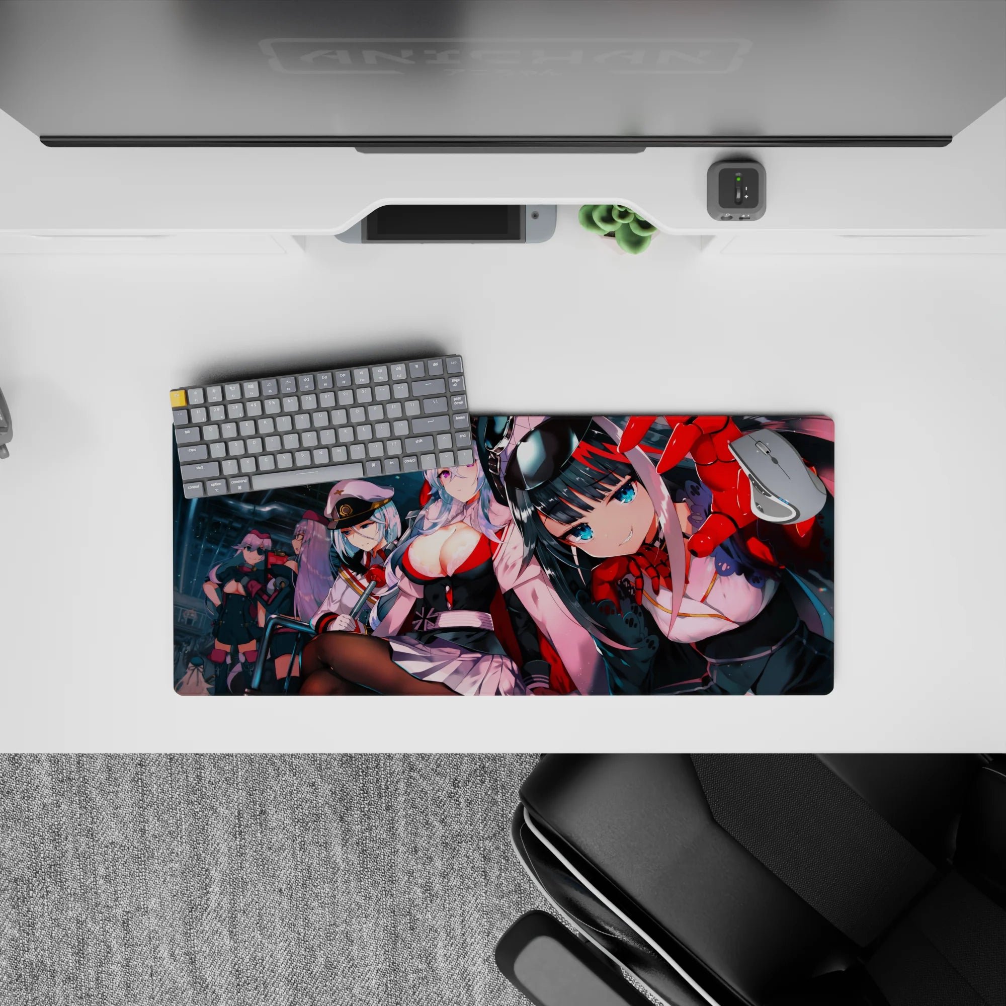 Neon teal and glossy red anime girl mouse pad 28x12 inches, crisp whites, sharp lighting, cute chaos.