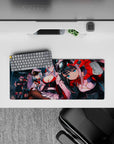 Neon teal and glossy red anime girl mouse pad 28x12 inches, crisp whites, sharp lighting, cute chaos.