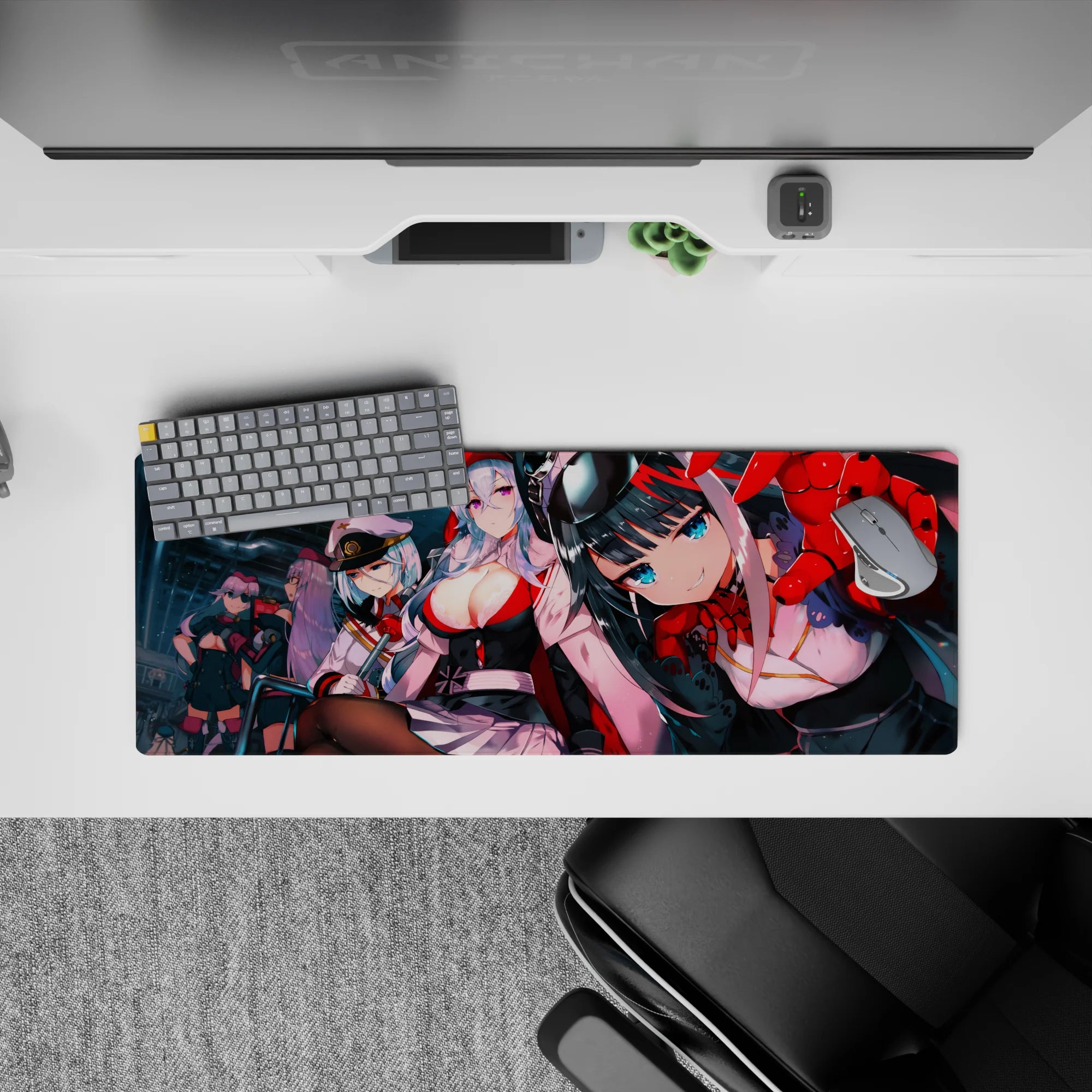 32x12 inches neon teal anime girl desk mat with glossy reds, crisp whites, sleek black sci-fi vibe.