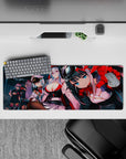 32x12 inches neon teal anime girl desk mat with glossy reds, crisp whites, sleek black sci-fi vibe.