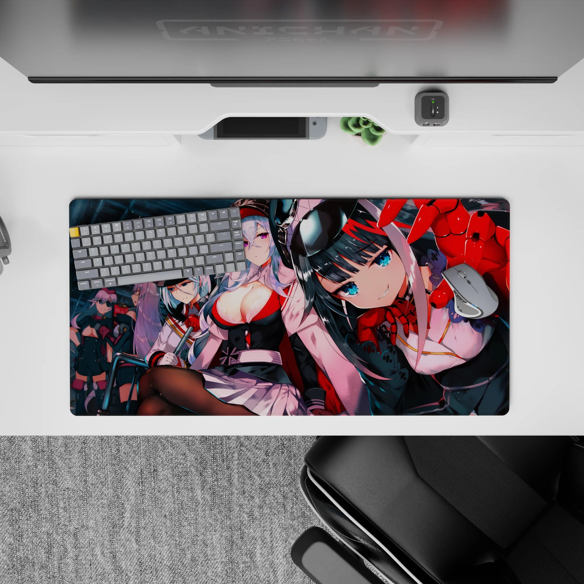 32x16 inches anime girl mouse pad in neon teal hangar, glossy reds, crisp whites, sharp lighting.