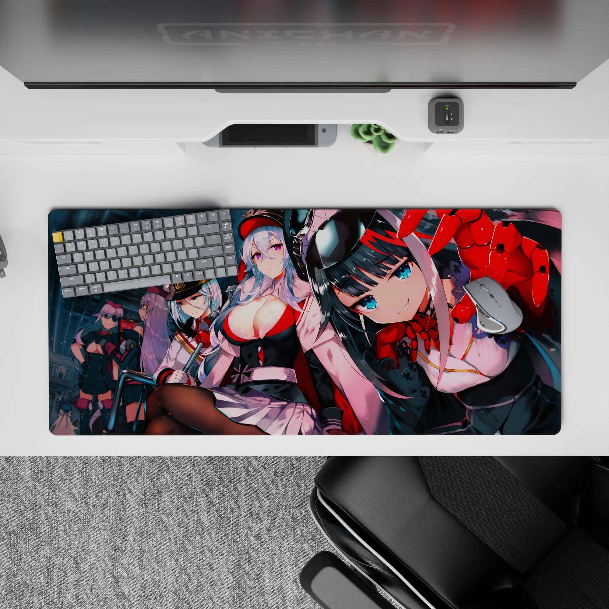 Neon teal hangar anime girl desk pad 36x16 inches, glossy red-white-black panels and cute chaos mood.
