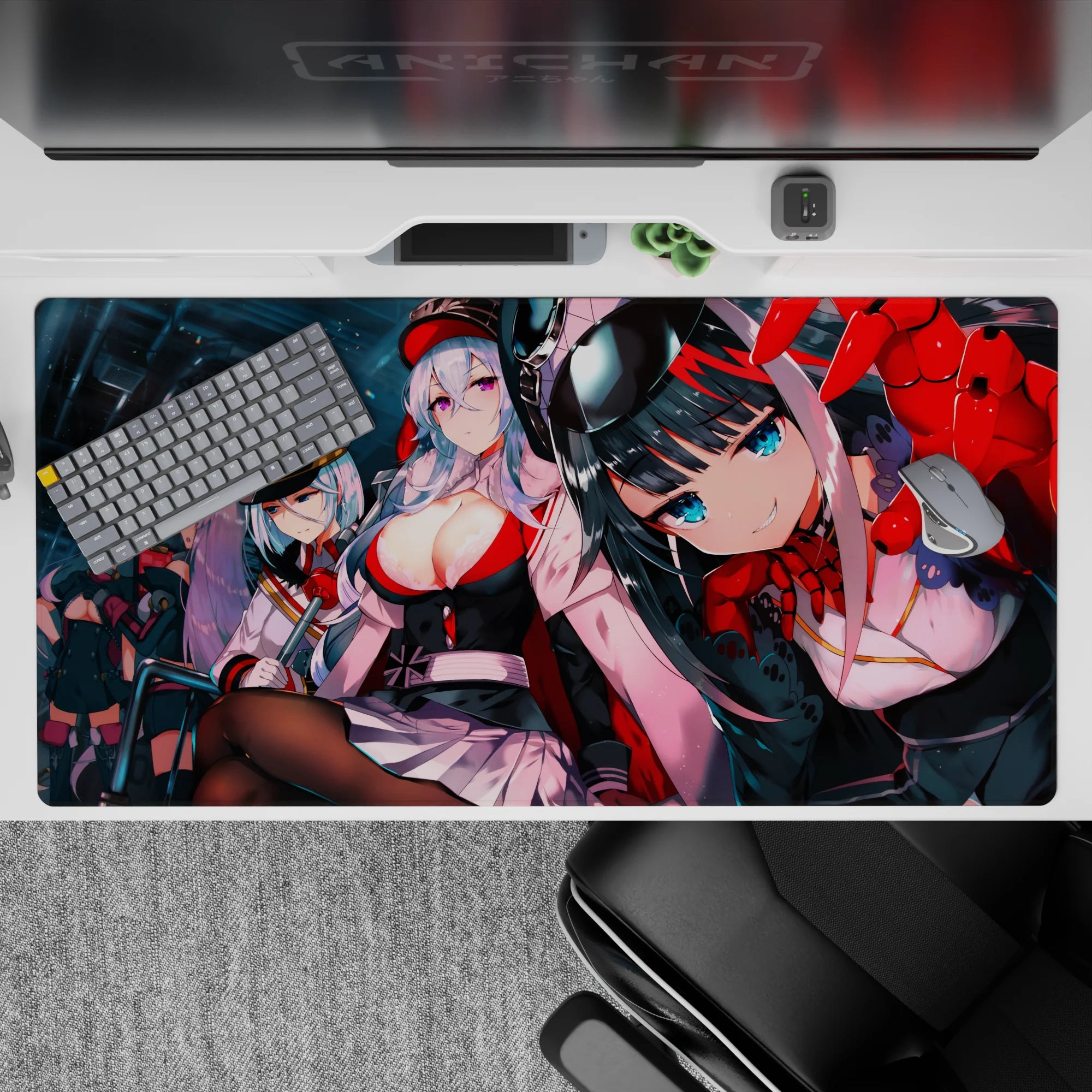 Neon teal hangar vibe anime girl desk pad 40x20 inches in glossy red, white, and black sci-fi candy.