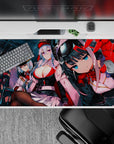 Neon teal hangar vibe anime girl desk pad 40x20 inches in glossy red, white, and black sci-fi candy.