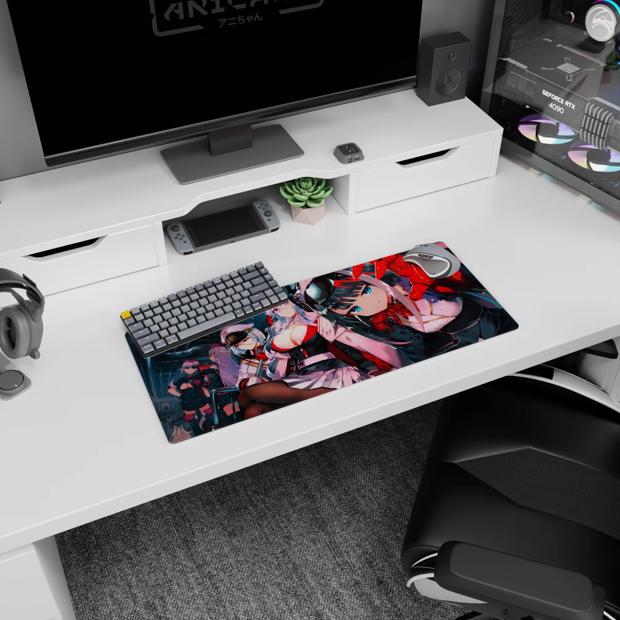 Close-up blue-eyed anime girl leaning forward in a sci-fi hangar, squad behind, mouse pad 28x12 inches.