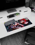 Close-up blue-eyed anime girl leaning forward in a sci-fi hangar, squad behind, mouse pad 28x12 inches.
