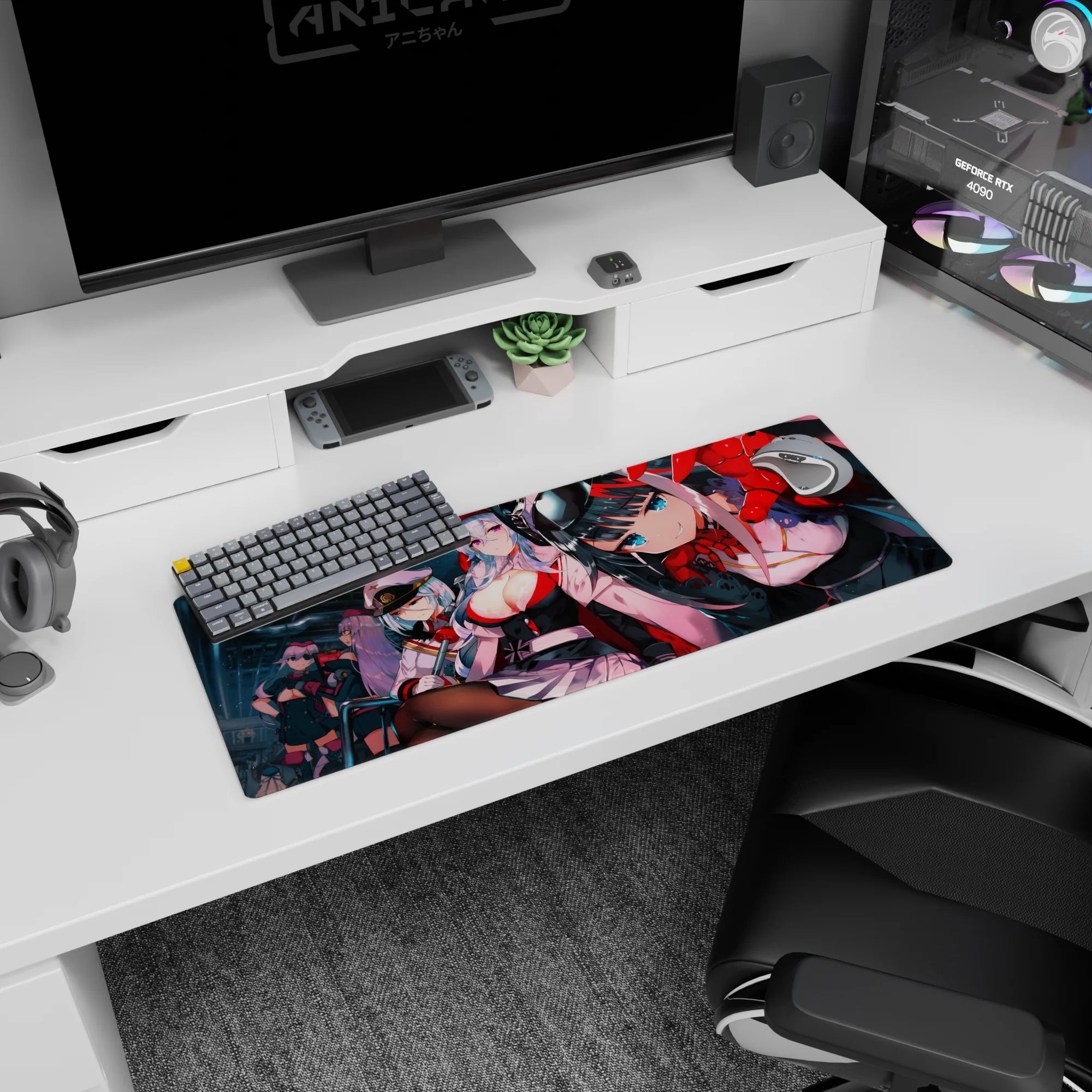 32x12 inches anime girl mouse pad with blue-eyed girl leaning close in a futuristic hangar, smirking.