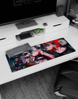 32x12 inches anime girl mouse pad with blue-eyed girl leaning close in a futuristic hangar, smirking.