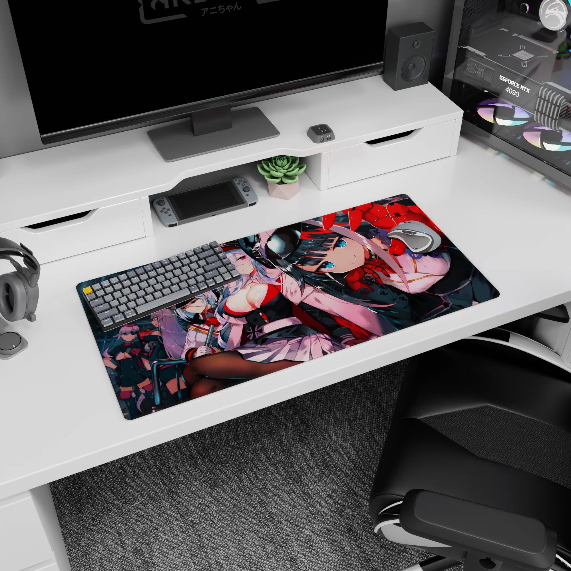 32x16 inches anime girl mouse pad with blue-eyed girl leaning close, smirking as her crew lounges behind.