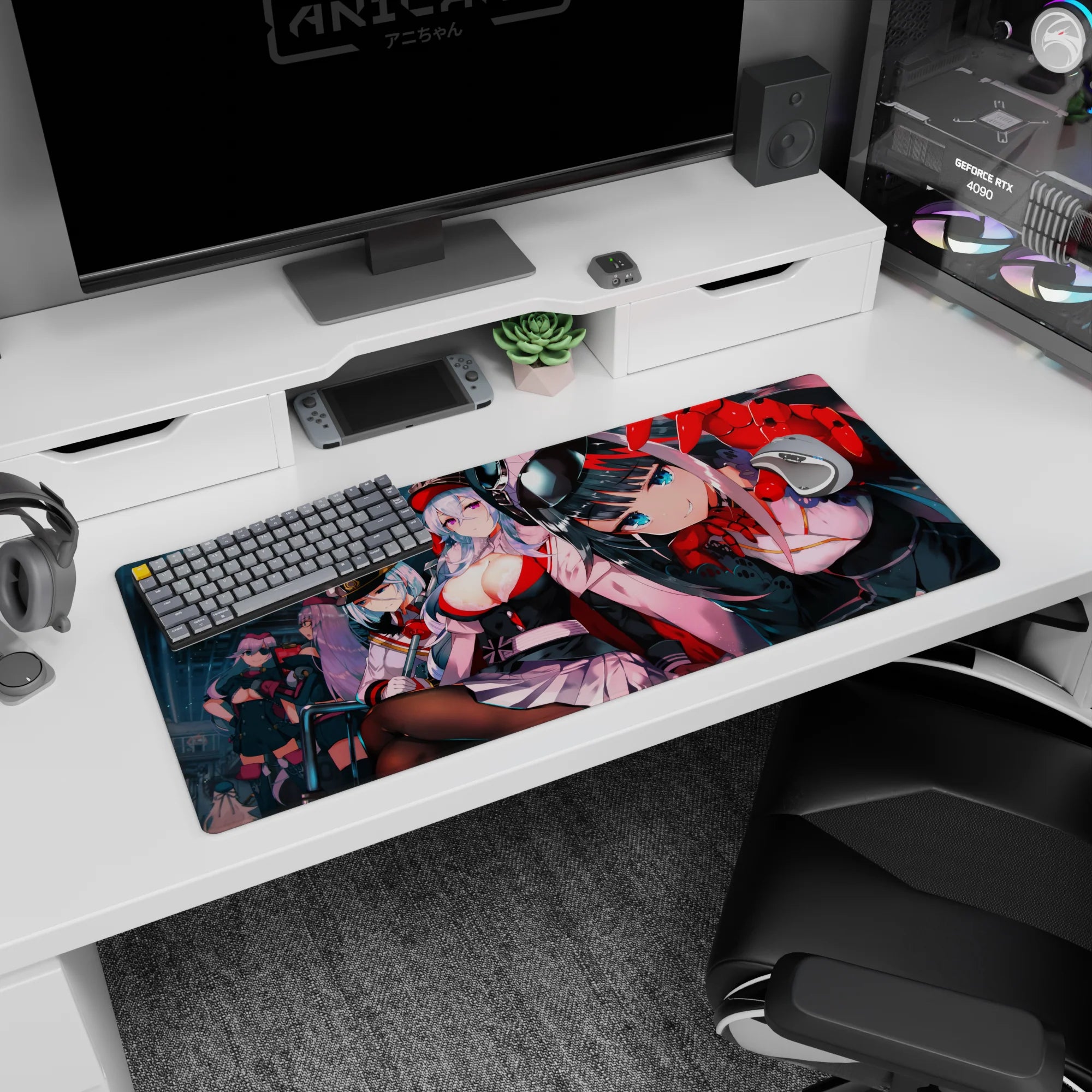 Close-up blue-eyed anime girl smirking in a teal cockpit hangar desk pad 36x16 inches with squad behind.