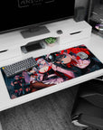 Close-up blue-eyed anime girl smirking in a teal cockpit hangar desk pad 36x16 inches with squad behind.
