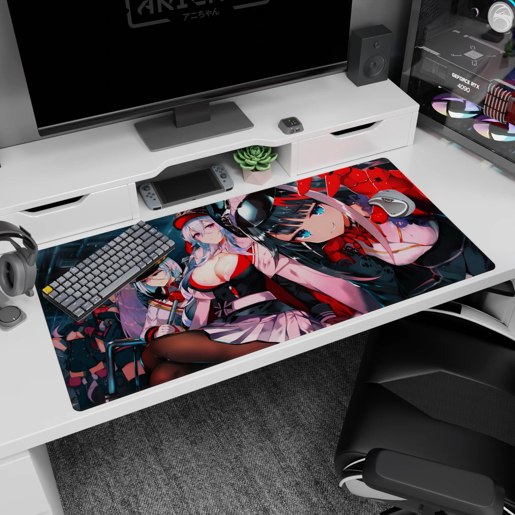 Close-up blue-eyed anime pilot girl leaning in, squad behind in caps, desk pad 40x20 inches.