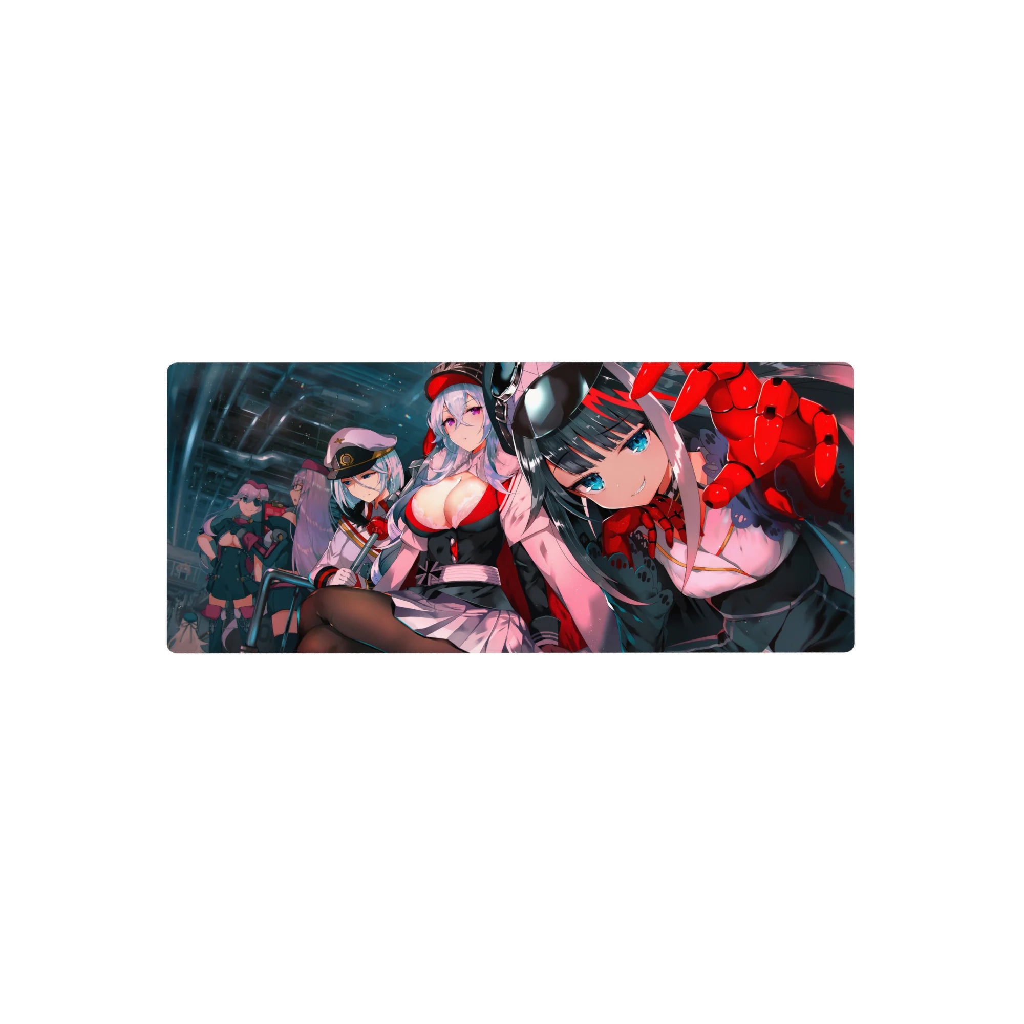 Anime girl mouse pad 28x12 inches with cockpit squad in a neon hangar, sci-fi uniforms and caps.