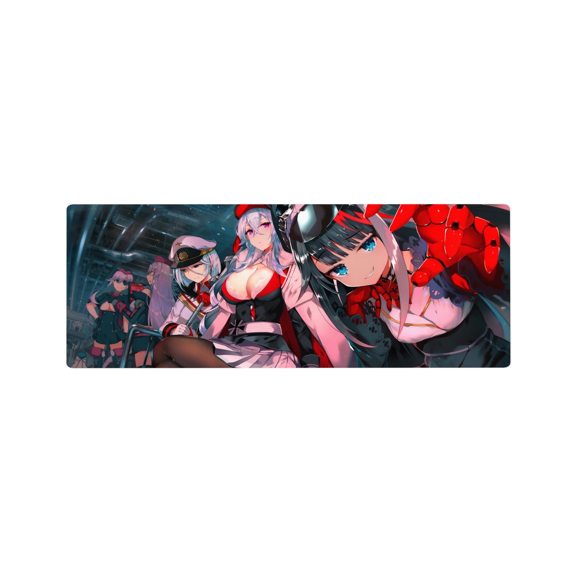 32x12 inches anime girl mouse pad with cockpit hangar scene, squad in caps, glossy sci-fi panels.