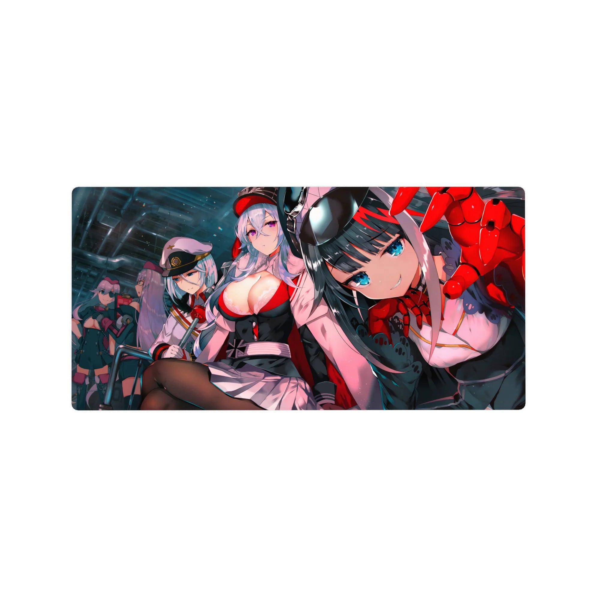32x16 inches anime girl mouse pad with cockpit hangar squad, caps and uniforms, sleek sci-fi panels.